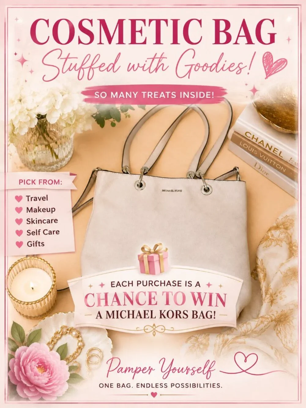 Cosmetic Bag Stuffed w/ Beauty Goodies + Chance to Win Michael Kors Bag